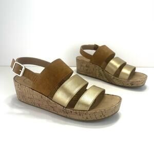 Life Stride Wynonna Sandal Sz 10 Tan/Gold Arch Support Platform Wedges Comfy New